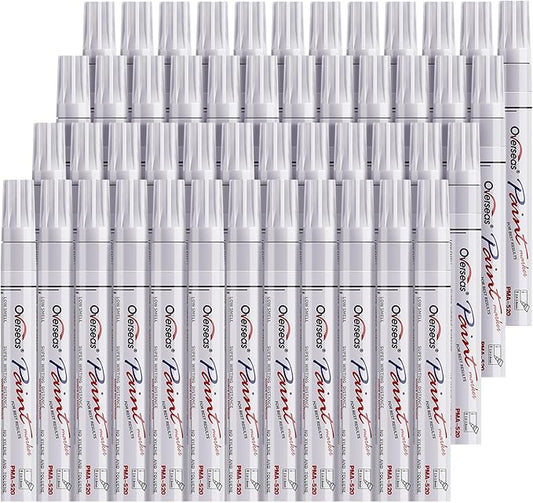 Overseas 48 White Paint Pens, Oil Based Permanent Markers Set - Quick Drying, Waterproof, Fade-Resistant, Medium Tip Paint Markers Bulk for Wood, Metal, Rock, Ceramic, Plastic, Canvas, Glass, Rubber