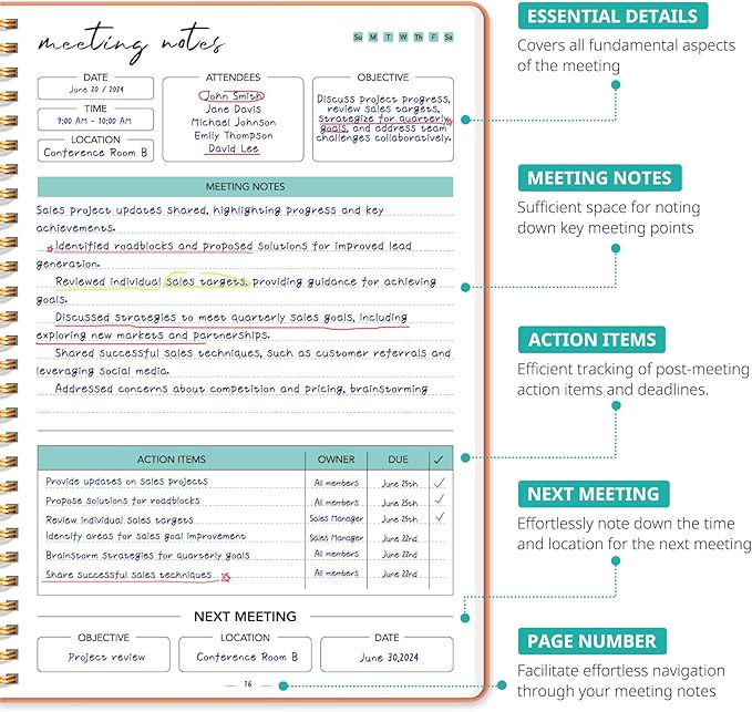 Taja Meeting Notebook for Work Organization - Work notebook with action items, Meeting Minutes Planner Notebook, Perfect Office Supplies for Men & Women - Coral
