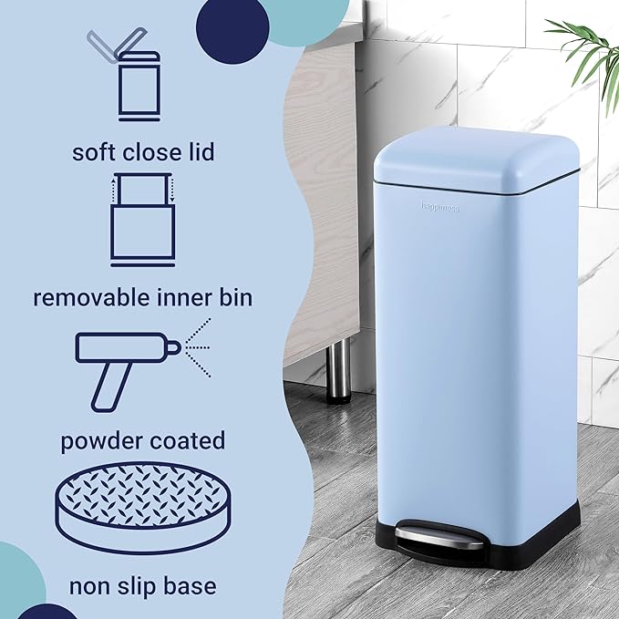 happimess HPM1007I Betty Retro 8-Gallon Step-Open Trash Can, Fingerprint Resistant, Modern, Minimalistic for Home, Kitchen, Laundry Room, Office, Bedroom, Bathroom, Tide Pool Blue