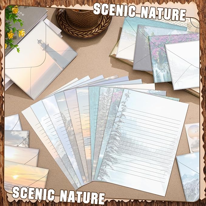 TaoBary 160 Pcs Stationery Paper Set 50 Double Sided Stationery Papers with 50 Matching Envelopes and 60 Round Dot Sticker, 10 Design(Scenic Nature,5.5 x 8.25 Inch)