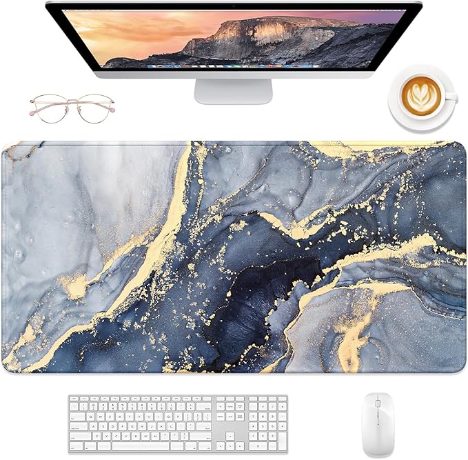 Desk Mat, 32" x 16" XXL Extended Large Gaming Mouse Pad, Desktop Decor Desk Pad, Cute Men Women Office Supplies and Accessories, XL Mouse Mat for Laptop & Keyboard, Blue Gray Gold Marble