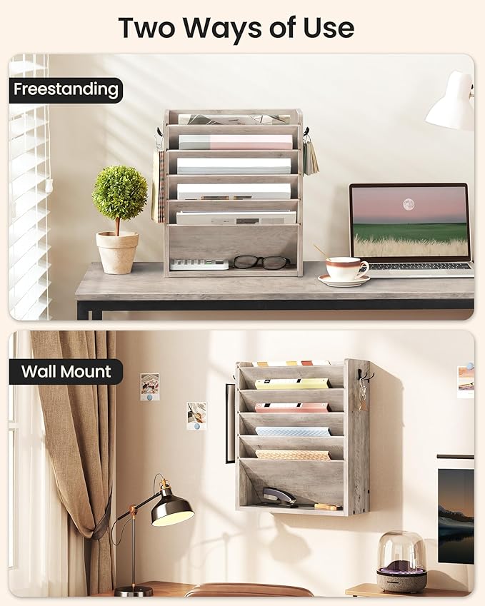 Wall File Organizer, 6-Tier Vertical Mount Hanging Holder with 2 Side Hooks, Modern Wooden Magazine Storage Holder with Bottom Tray, Desk Organizer, for Office, Home, Greige MWJ01FH