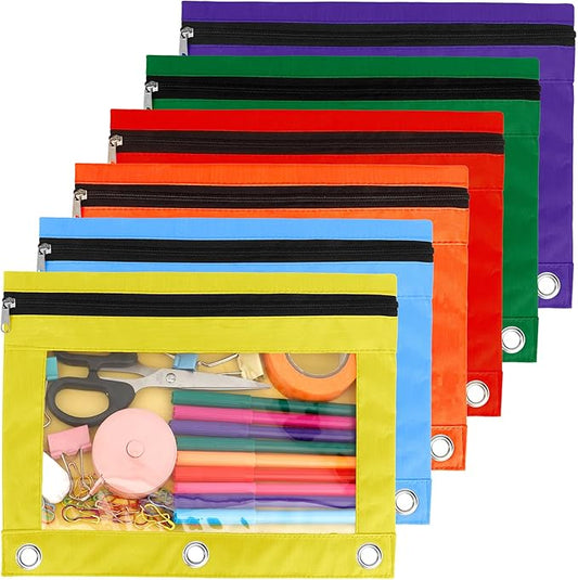 Pencil Pouch for 3 Ring Binder, 6 Pack Pencil Bags with Zipper, Large Capacity Pencil Case for Binder Assorted Color Pencil Case Pouch with Clear Window and Grommets Pencil Pocket for Office Supplies