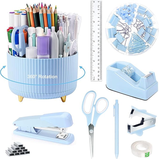 Blue Desk Accessories, Blue Office Supplies 360°Pen Holder Desk Organizers and Accessories with Tape Dispenser, Stapler, Staple Remover, 1000 Staples, Tape, Clips Set, Ruler, Scissor, Pen