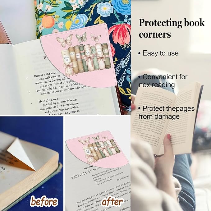 Pink Bow Leather Bookmarks, 4pcs Cute Bows Book Marks, Corner Page Book Marks, Reading Gifts for Women, Teachers, Students, Reading Lovers, Office (Tulips Floral Book Butterfly)