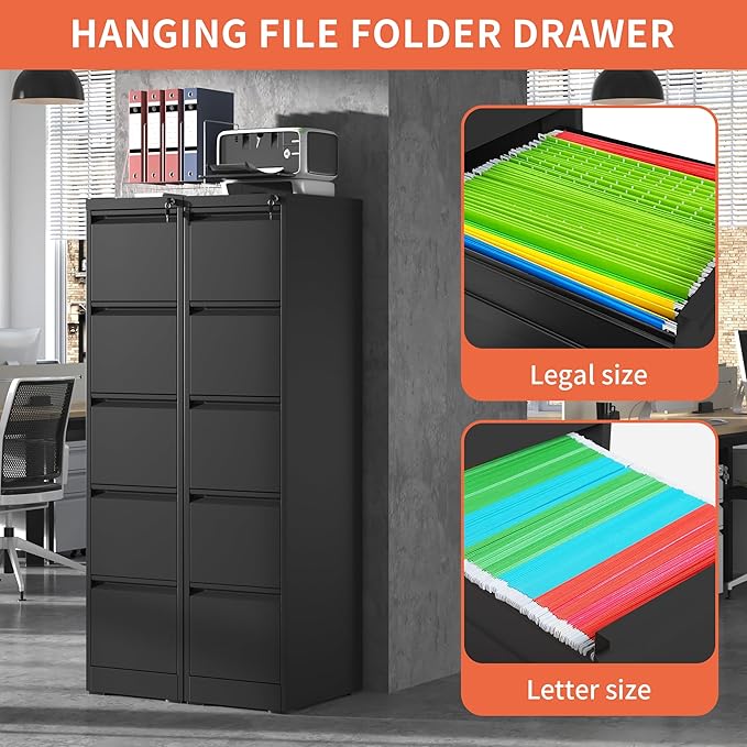 5 Drawer File Cabinet,Metal Filing Cabinets for Home Office,Vertical File Cabinet with Lock,Heavy Duty Metal Storage Cabinet for A4/Letter/Legal Size Files,Assembly Required