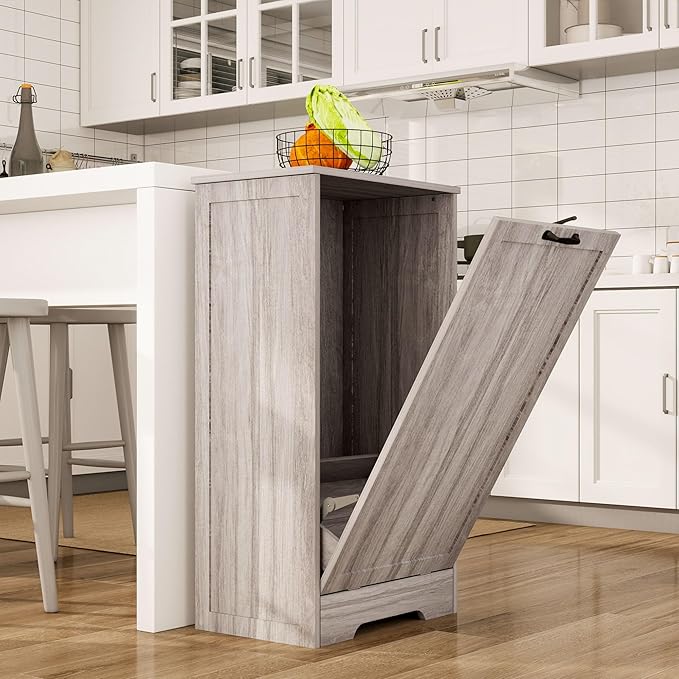 Tilt Out Trash Can Cabinet, Wooden Dog Proof Trash Can Cabinet Laundry Hamper, Hidden Large Recycling Bins for Kitchen, Living Room, Bathroom, Wash Grey