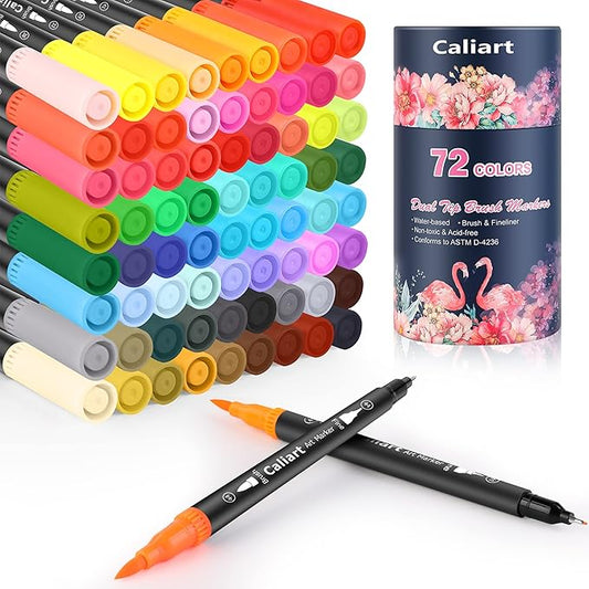 Caliart 72 Colors Dual Tip Art Markers for Adult Coloring - Aesthetic Cute Preppy Stuff School Supplies, Pens With Fine and Brush Tips for Lettering Cards Drawing Kids Artist Mothers Day Gift for Mom