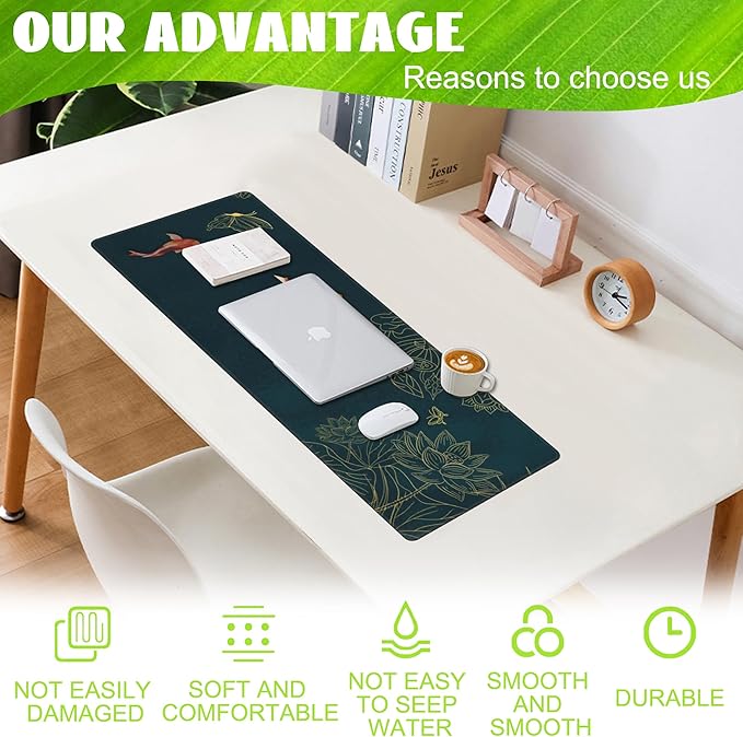 Large Gaming Mouse Pad, Koi Fish Ink Painting Desk Mat, Golden Line Lotus Desk Pad, Extended Big Computer Keyboard Mouse Pad with Non-Slip Base and Stitched Edge, 31.5"x11.8"