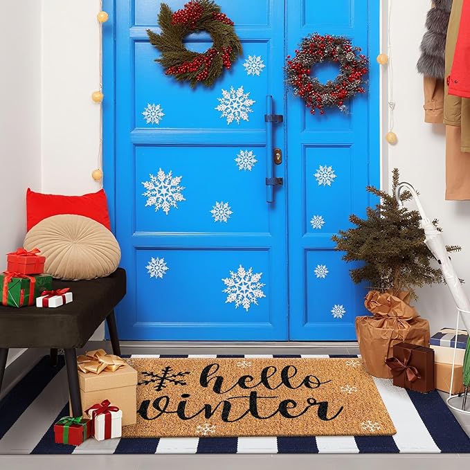 2 Pcs Hello Winter Door Mat Outdoor Snowflake Nature Coir Welcome Outdoor Rug Dark Blue White Stripe Winter Front Door Rugs Non Slip Floor Mats for Indoor Entrance Porch Decor