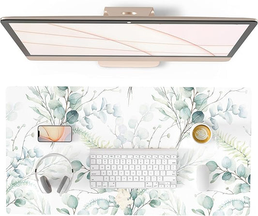 QIYI Large Mouse Pad for Desk, Cute Desk Mat for Desktop, Women Girls Green Office Décor Desk Accessories, PU Leather Waterproof Gaming Mousepad, Eucalyptus Leaf Desk Pad Computer Mat, 31.5" x 15.7"