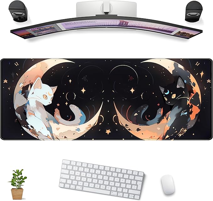 Cute Black White Cats Desk Mat Anime Cat Mouse Pad Kawaii Moon Desk Pad XL Large Extended Mousepad Desk Matt for Desktop, Computer Keyboard Mouse Mat for Women Office Decor Accessories 31.5x11.8 in
