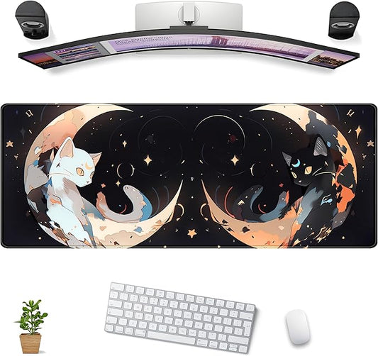 Cute Black White Cats Desk Mat Anime Cat Mouse Pad Kawaii Moon Desk Pad XL Large Extended Mousepad Desk Matt for Desktop, Computer Keyboard Mouse Mat for Women Office Decor Accessories 31.5x11.8 in