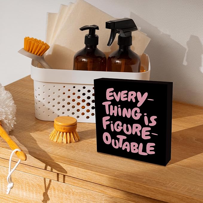 Inspirational Black Pink Office Decor, Every Thing is Figure Outable Motivational Office Accessories Wooden Box Sign, Inspirational Gifts for Women, Men Wall Desk Shelf Tabletop Decoration 5x5In
