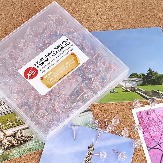 Push Pins 200-count Flat Rosegold Thumb Tacks Steel Point and Plastic Head for Corkboard and Wooden Photo Wall