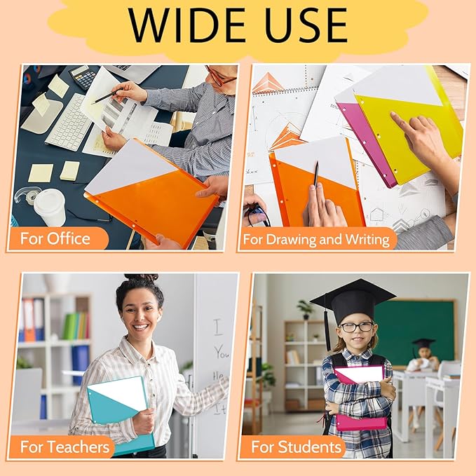 Maitys 50 Pack Binder Pockets 3 Hole Punch Clear Plastic Document Folders Binder Organizer Store Letter Size 8.5x11 Inch Paper Folders with Pockets Slash File Jacket for Office (Summer Color)