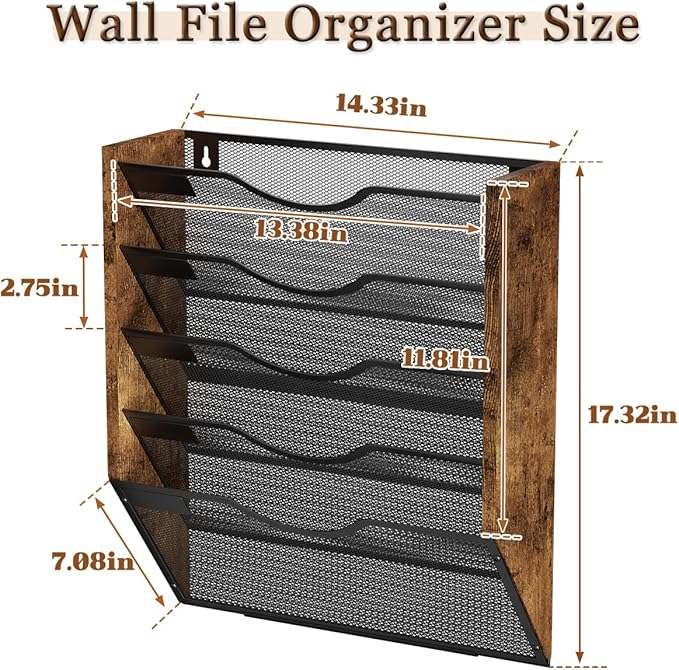 Ironwood Hanging Wall File Organizer, 5 Pocket Mesh Mail Organizer Wall Mounted with Nametag Label, Wall File Holder for Office Home School, Magazine Rack for Mail Paper Document Organization, Black