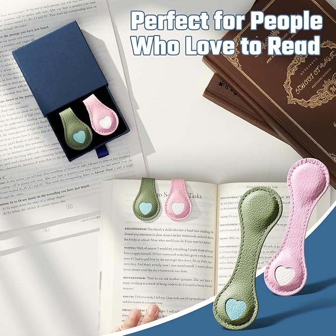 2Pcs Magnetic Leather Bookmarks with Gift Box, Magnetic Pen Holder Book Marks Clip Gift for Book Lover Readers Men Women Teachers Students, Pink+Green