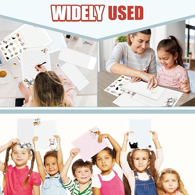 250Pcs Cute Stationery Paper and Envelope Set with 100 Letterhead Papers and 50 Envelopes, 10 Design for Letter Writing Invitations Computer Holidays Party Notes, 8.5x11 Inch- Lined Cat