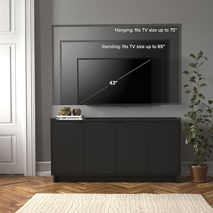 Prepac Simply Modern 4 Door Console Table Storage Cabinet, Buffet Cabinet for Storage and Organization, Modern Side Table with Doors & Shelves, 60”W x 30”H x 16”D, Black