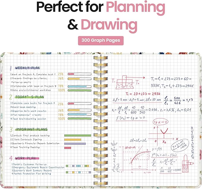 Spiral Graph Paper Notebook Journal for Work, 300 Pages, Thick B5 (7.1"x10") Grid Journals for Women & Writing, Hardcover Notebook for Note Taking, Perfect for Work School Note Taking Business, Floral