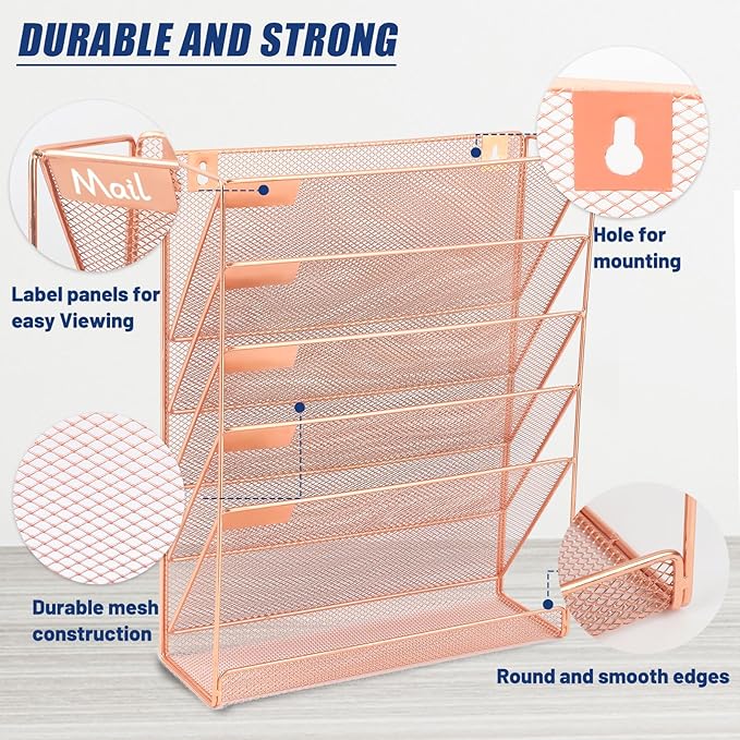 EASEPRES Desk File Organizer Mesh 6-Tier, Hanging Wall Mount Document Organization Stand, Desktop Vertical Mail Paper Folder Holder Rack with Bottom Tray for Office Home Cubicle Countertop, Rose Gold