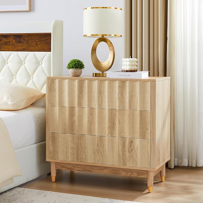 Fluted 3 Drawer Dresser, 31.5" Wide Modern Storage Chest of Drawers, Wood Drawer Organizer for Bedroom, Living Room, Hallway