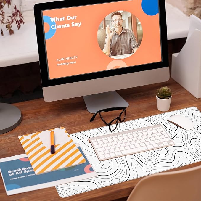 Desk Mat,White Topographic Contour Map Desk Pad,Topographic Contour Large Gaming Mouse Pad for Desk,Extended Big Computer Keyboard Mouse Pad with Non-Slip Base and Stitched Edge,31.5"x11.8"