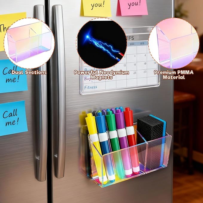 Magnetic Dry Erase Marker Holder - Non-Slip Acrylic Pen Organizer with Powerful Magnets for Whiteboard, Refrigerator, Office Desk, Classroom Supplies & Home Organization-colorful