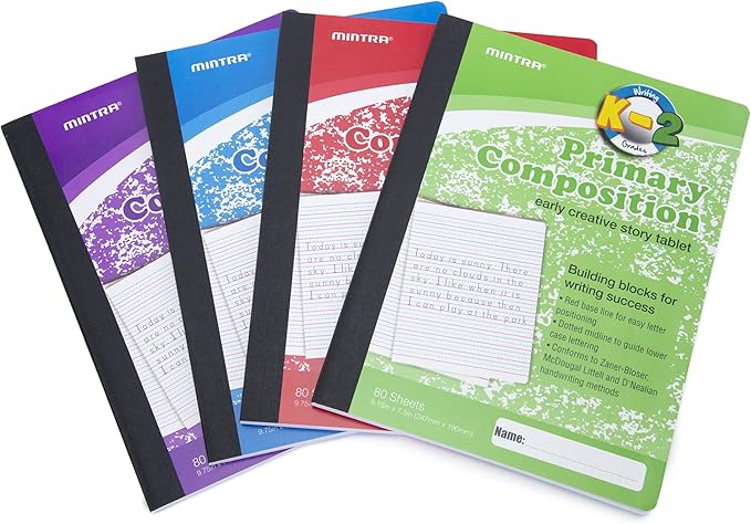Mintra Primary Composition Notebook, 24 units 6-4 Pack, Assorted Colors, 80 Sheets, 7.5in x 9.75in, Full Sheet, Ruled with Drawing Area, Flexible Hardcover Journal, Grades K-2, School & Home Use