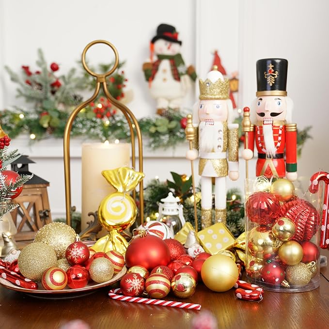 XmasExp 50ct Mini Vintage Christmas Ornaments Set Red and Gold Classic Retro Shatterproof Balls 1.57 Inch Christmas Decorations