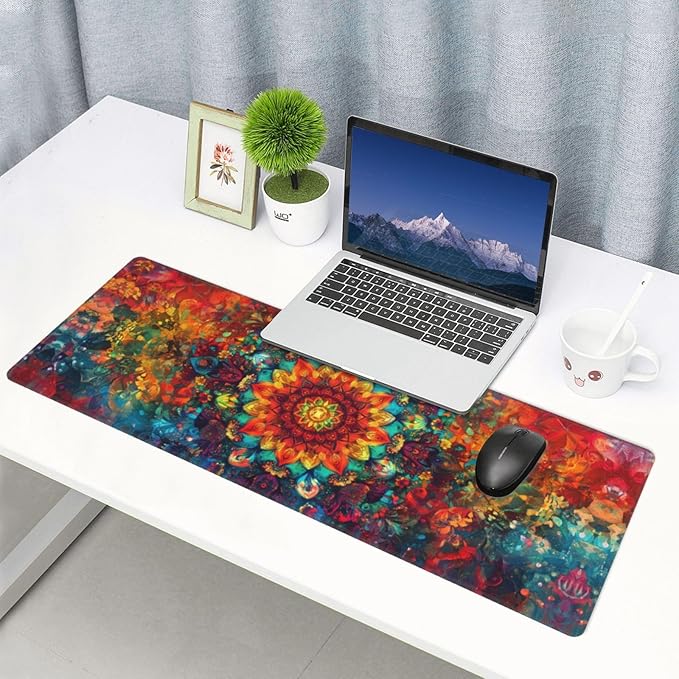 Mandala Mouse Pad 31.5 X 11.8 Inch Big Desk Rubber Base Stitched Edges Keyboard Pad XXL Mouse Mat for Home Game and Office