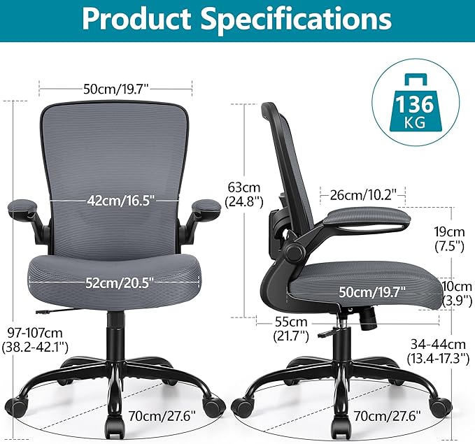 FelixKing Office Chair, Ergonomic Desk Chair Breathable Mesh Chairs with Adjustable High Back Lumbar Support Flip-up Armrests, Executive Swivel Comfy Task Computer Chairs for Home Office Dark Gray