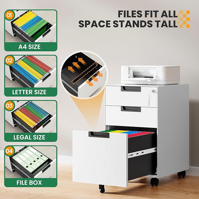 Mobile File Cabinet,3 Drawer Locking Storage Filing Cabinet,Office Metal Storage Cabinet on Wheels for Legal/Letter/A4 File(Fully Assembled，White)