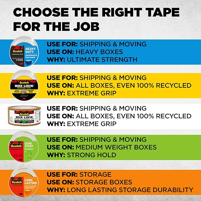 Scotch Box Lock Packing Tape, Clear Packaging Tape, Extreme Grip Box Tape for Holiday Shipping, 1.88 in. x 22.2 yd., 6 Tape Rolls with Dispensers