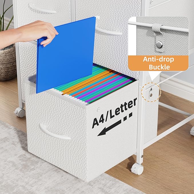 4 Drawer Lateral File Cabinet, Mobile Filing Cabinet for Large Printer, Home Office Functional Small Office Storage Cabinet & Printer Stand, Fabric Drawer, Fits Letter/A4, White