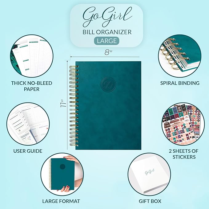 GoGirl Budget Planner & Monthly Bill Organizer – Monthly Financial Book with Pockets. Expense Tracker Notebook Journal, Large (Dark Teal)