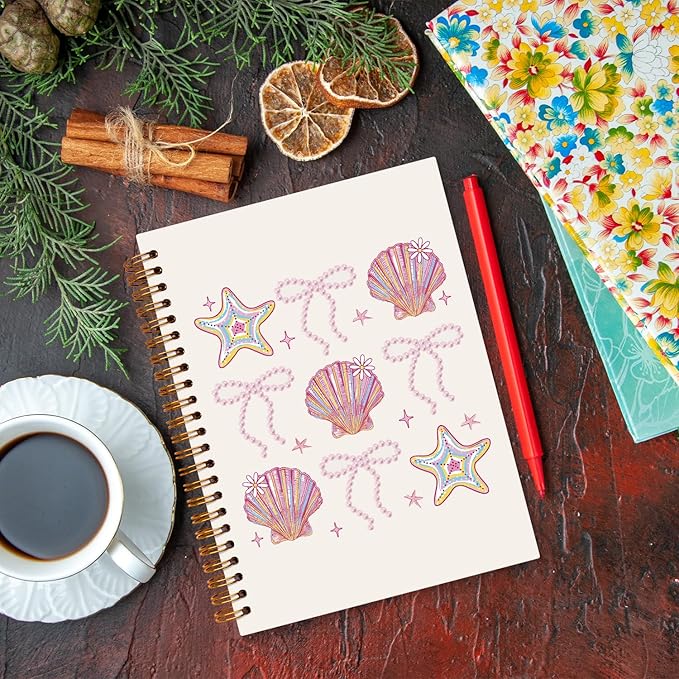 JXREQ Coquette Pink Bow Seashell Notebook Journal for Women, Preppy Aesthetic Journaling Notebooks for Note Taking, Girly Office Supplies, Trendy Beachy Spiral Notebooks 5.5x8.3