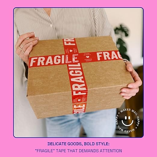 Fragile Packing Tape, Please Be Gentle, Red Pink Cute Designer Packaging and Shipping Tape for Small Business - Printed Tape for Moving, 1.88" x 110 Yards (330 feet)
