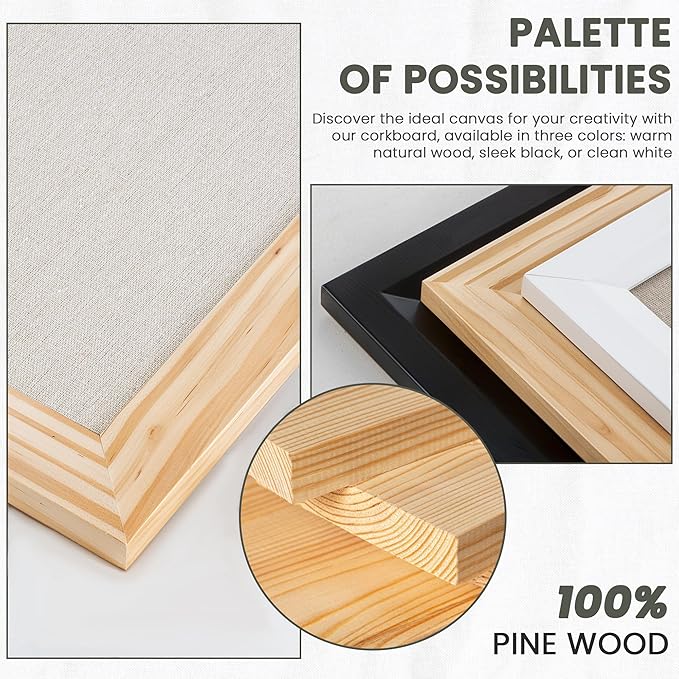 Bulletin Board Cork Board with Linen, 100% Wood Framed 18" x 24" Bulletin Board Decorations, Pin Boards for Walls, Wall Mounted Fabric Picture Board with 10 Pushpins for School, Home & Office, Natural