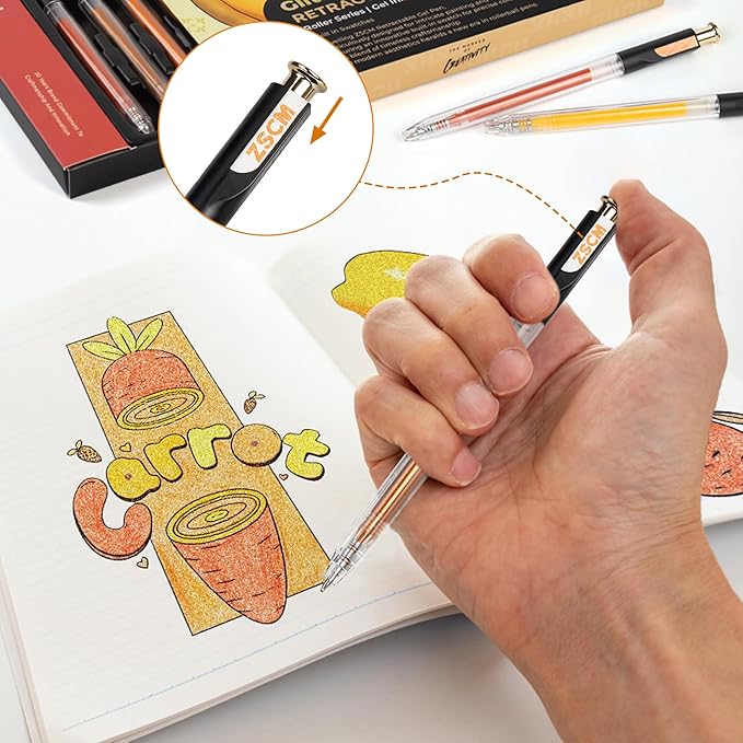 Retractable Glitter Gel Pens, 12 Colors Large Capacity Yellow Glitter Metallic Gel Ink Pens, 1 mm Fine Point Smooth Writing Color Pens for Adult Coloring Book Note Taking Aesthetic Art Supplies