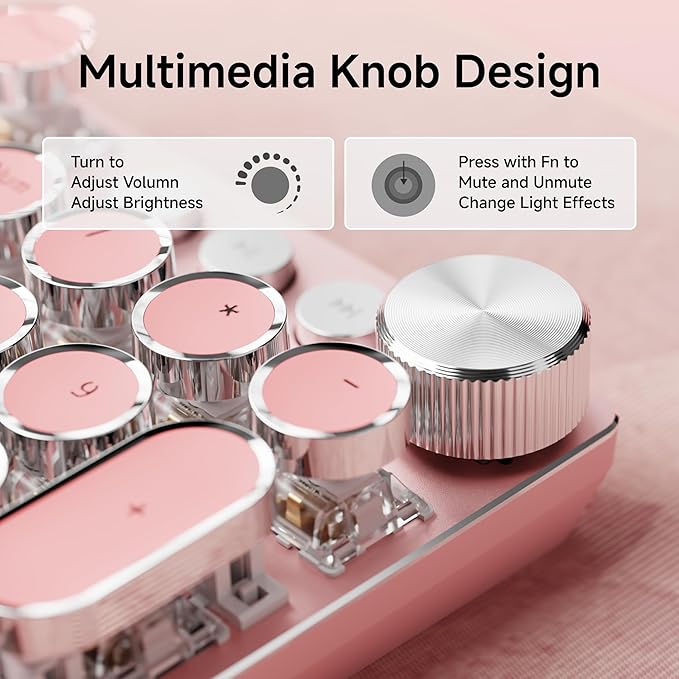 EWEADN Typewriter Style Mechanical Gaming Keyboard, Wired Mechanical Keyboards,104 Keys Backlit LED Keyboards, Media Control Knob, Wired Computer Keyboard White Switch for Windows/Mac/PC-Dark Pink