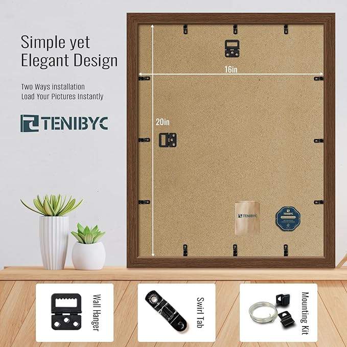 16x20 Frame 4 Pack - Brown, HD Tempered Glass, Natural Wood Picture Frame, Display 16 x 20 Photos or Posters, Vertical & Horizontal Wall Hanging