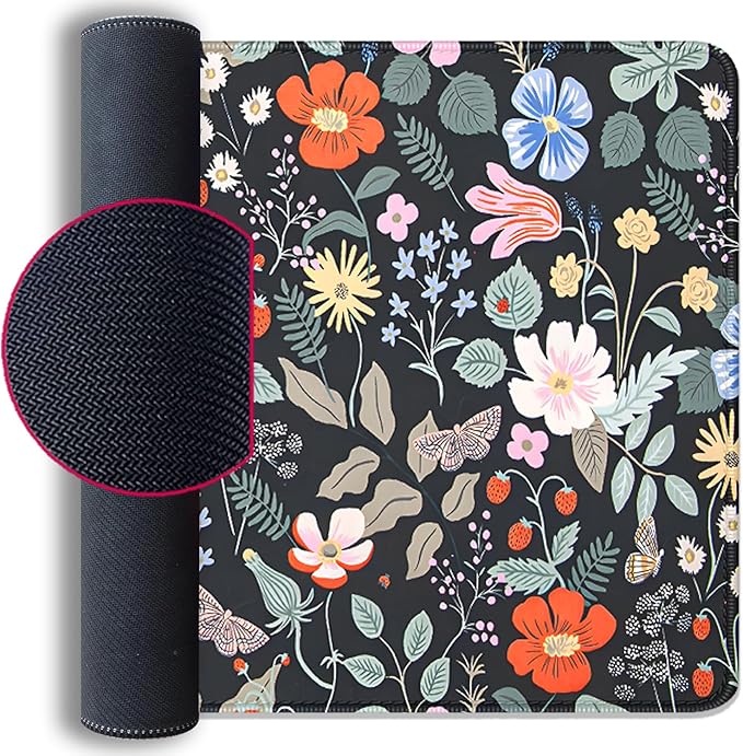 Strawberry Flowers Mouse Pad Desk Pad,Extended Gaming Mouse Mat with Stitched Edges Non-Slip Waterproof Rubber Base Mous Mat for Office,Computer,Keyboard,Laptop and Home Desk Pad(27.5X11.8 in)