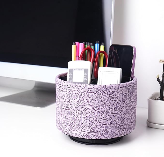 lizimandu Round Leather Art Supply Organizer,Remote Control Holder,360 Degree Spinning,Multi-Functional Pencil Holder,4 Compartments Desktop Stationary Organizer(1-Carved Puple)