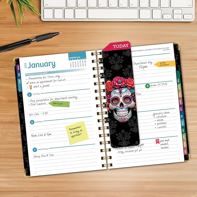 HARDCOVER 2026 Planner, 5.5"x8": 14 Months (November 2025 - December 2026), Daily Weekly Monthly Planner, Yearly Agenda, Bookmark, Pocket Folder and Sticky Note Set (Sugar Skull)