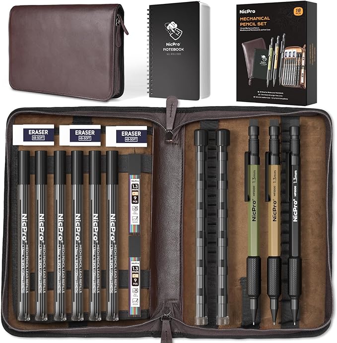 Nicpro 1.3mm Mechanical Pencil Set in Leather Bag with Lead Refill Black & Colors, Erasers- Weatherproof Metal Heavy Duty Carpenter Pencil & Spiral Notebook for Outdoor Drafting Marking Drawing