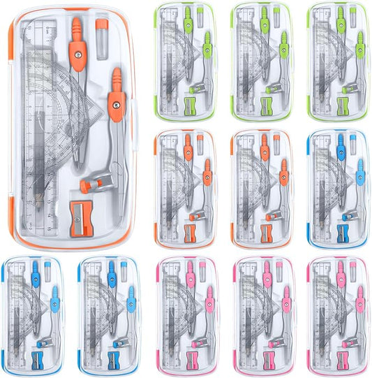 Teling 12 Sets Math Geometry Kit for Students 10 Pcs Compass Geometry Tools Set Includes Rulers Protractor Compass Eraser Pencil Sharpener Lead Refills Pencil (Colorful)