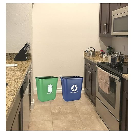 Acrimet Wastebasket Bin for Recycling and Waste, 6.75 Gallon/ 27 Quart/ 24 Liter (Plastic) (Green and Blue) (Set of 2)