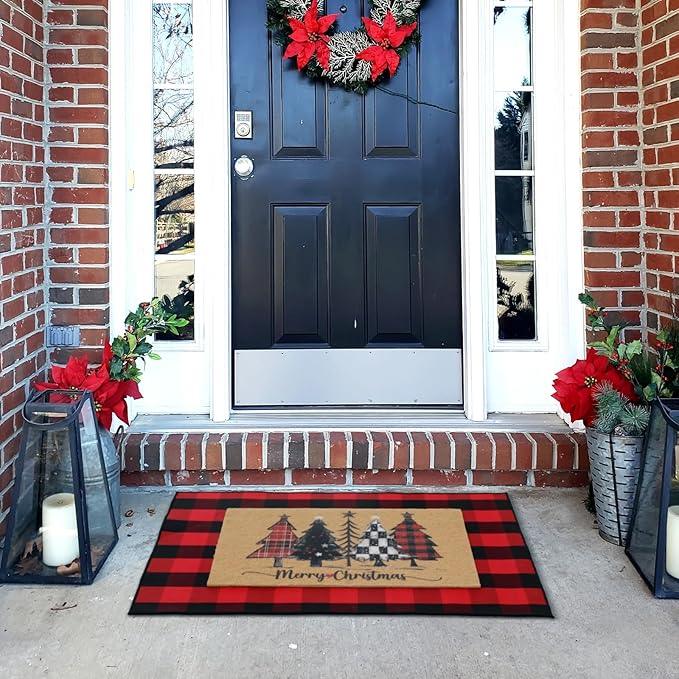 2 Pcs Christmas Front Porch Rug Buffalo Plaid Christmas Front Door Mats Imitation Coco Coir Xmas Welcome Layering Rugs for Outdoor Home Winter Festival Holiday Farmhouse Decor, 36 x 60 Inch